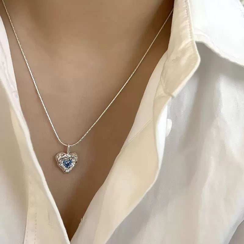 Blue Opal Pleated Heart Necklace