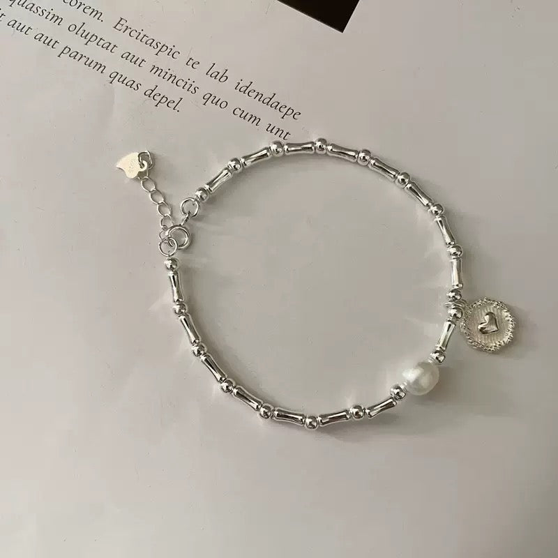 Bamboo Link Heart Pearl Bracelet